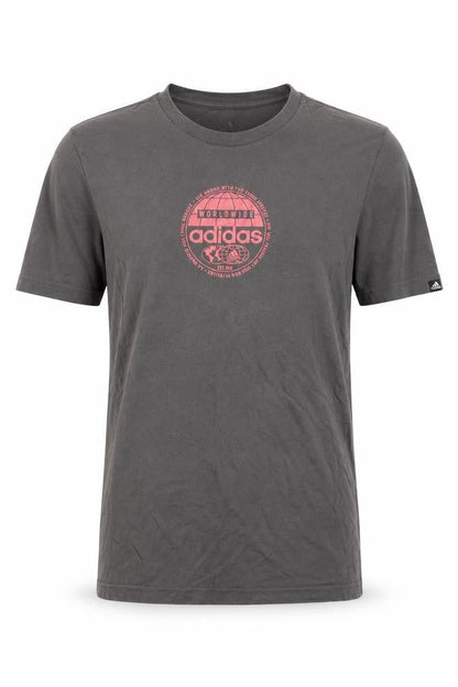 Front view of Adidas men’s grey short sleeve graphic logo cotton t-shirt, size S