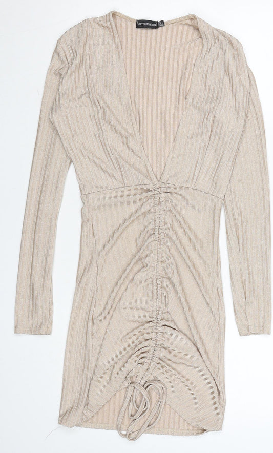 PrettyLittleThing Women’s Beige Ruched Bodycon Long Sleeve Dress Size 8