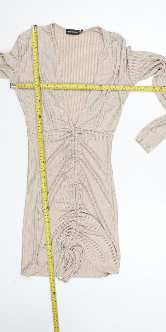 PrettyLittleThing Women’s Beige Ruched Bodycon Long Sleeve Dress Size 8