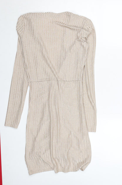 PrettyLittleThing Women’s Beige Ruched Bodycon Long Sleeve Dress Size 8