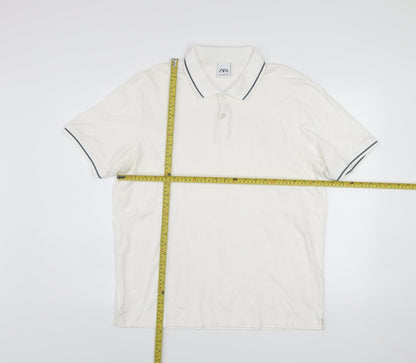 Zara Men's White XL Cotton Short Sleeve Polo Shirt