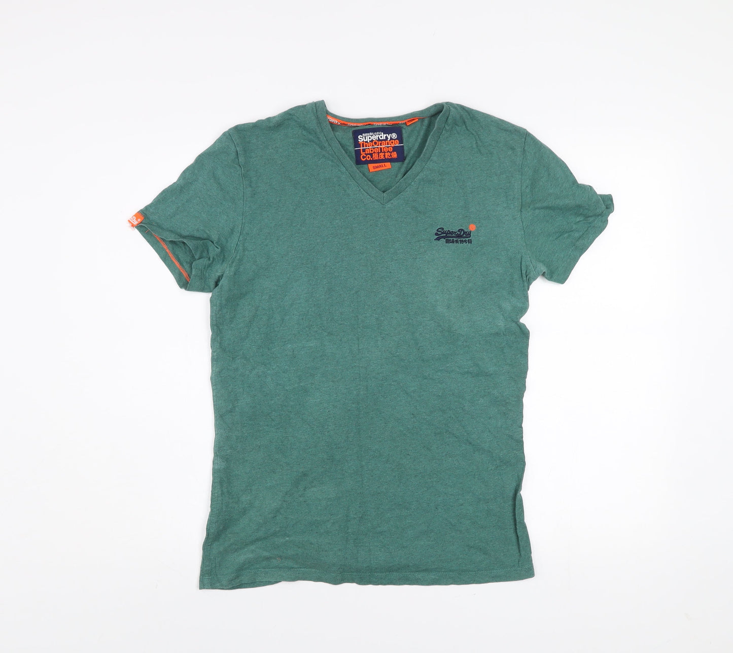 Superdry Men's Green V-Neck Orange Label T-Shirt Size S