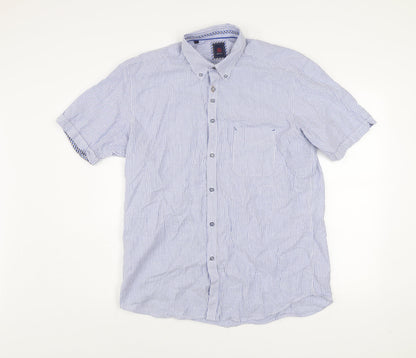 André Jeanswear Men's Blue Striped Cotton Short Sleeve Button-Up Shirt L