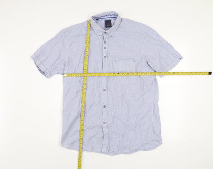 André Jeanswear Men's Blue Striped Cotton Short Sleeve Button-Up Shirt L