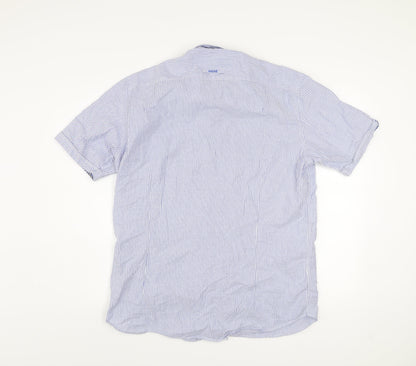André Jeanswear Men's Blue Striped Cotton Short Sleeve Button-Up Shirt L