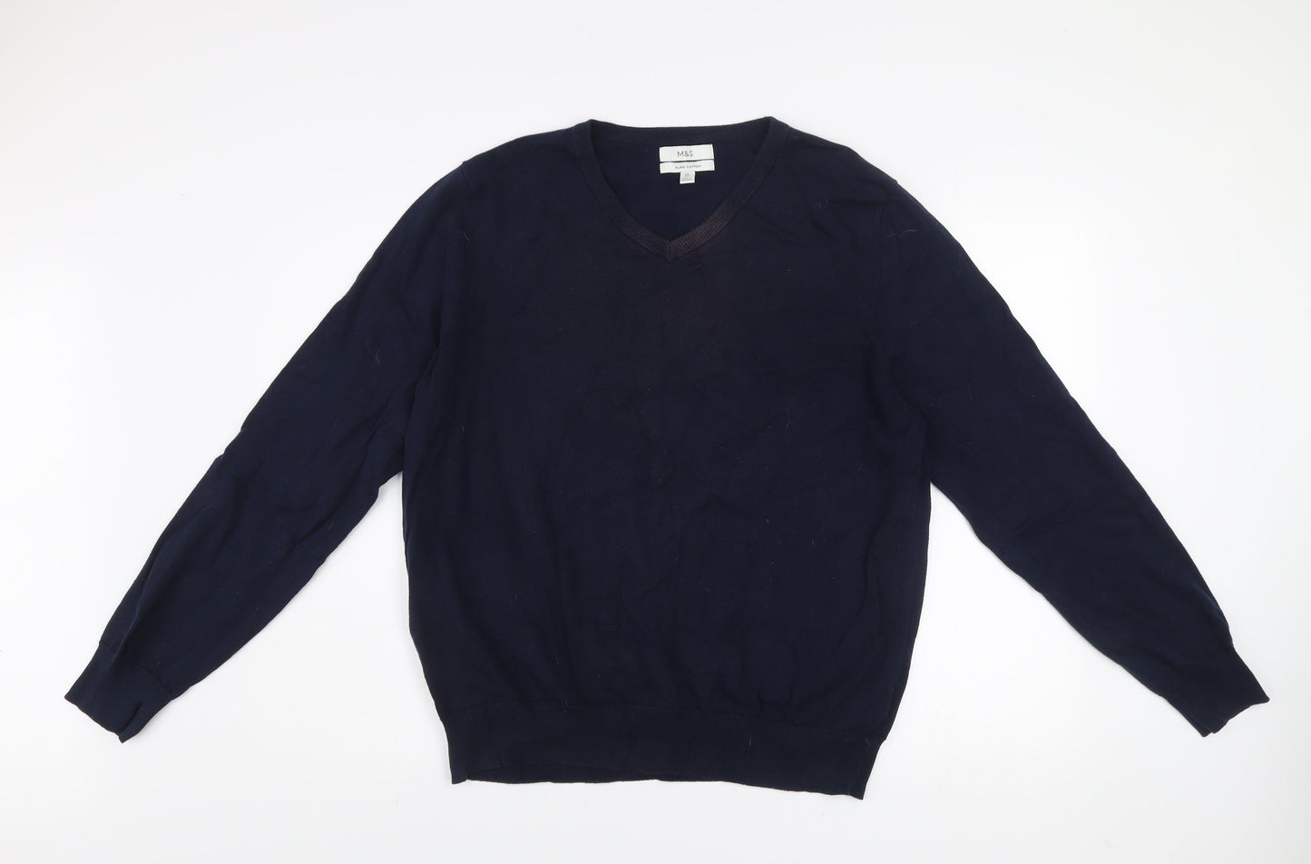 Marks and Spencer Men's Blue 2XL V-Neck Cotton Jumper