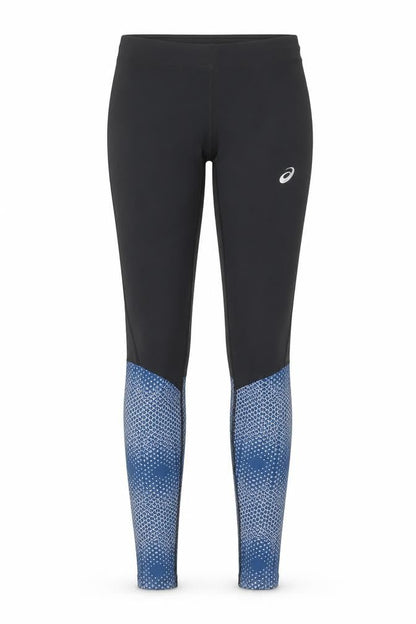 Front view of Asics women’s black blue running leggings, size S, moisture wicking
