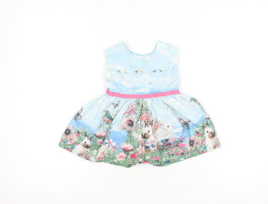 Next Girls Blue Rabbit Floral Scene Fit & Flare Dress 3-6 Months