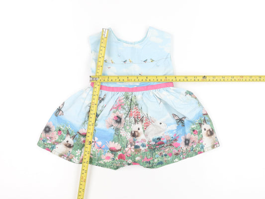 Next Girls Blue Rabbit Floral Scene Fit & Flare Dress 3-6 Months