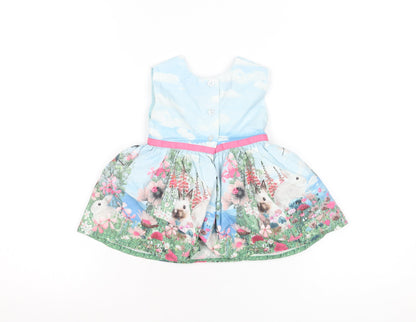 Next Girls Blue Rabbit Floral Scene Fit & Flare Dress 3-6 Months