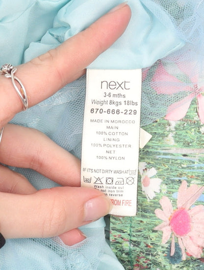 Next Girls Blue Rabbit Floral Scene Fit & Flare Dress 3-6 Months