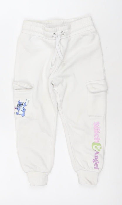 Disney Girls White Stitch Jogger Trousers 2-3 Years Cotton Blend Fleece