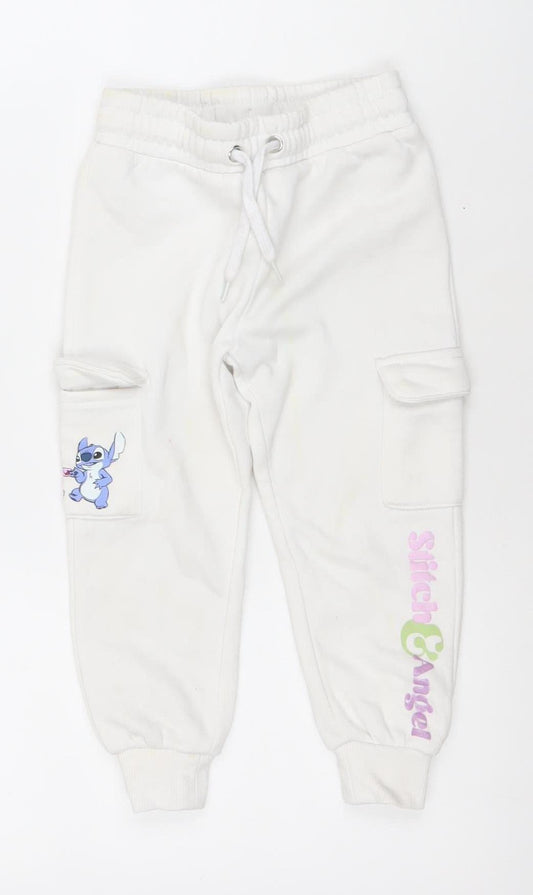 Disney Girls White Stitch Jogger Trousers 2-3 Years Cotton Blend Fleece
