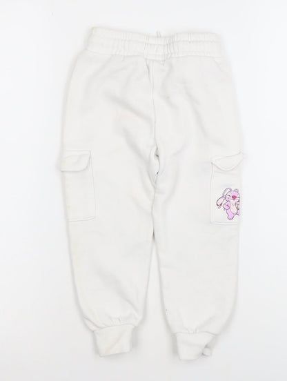 Disney Girls White Stitch Jogger Trousers 2-3 Years Cotton Blend Fleece