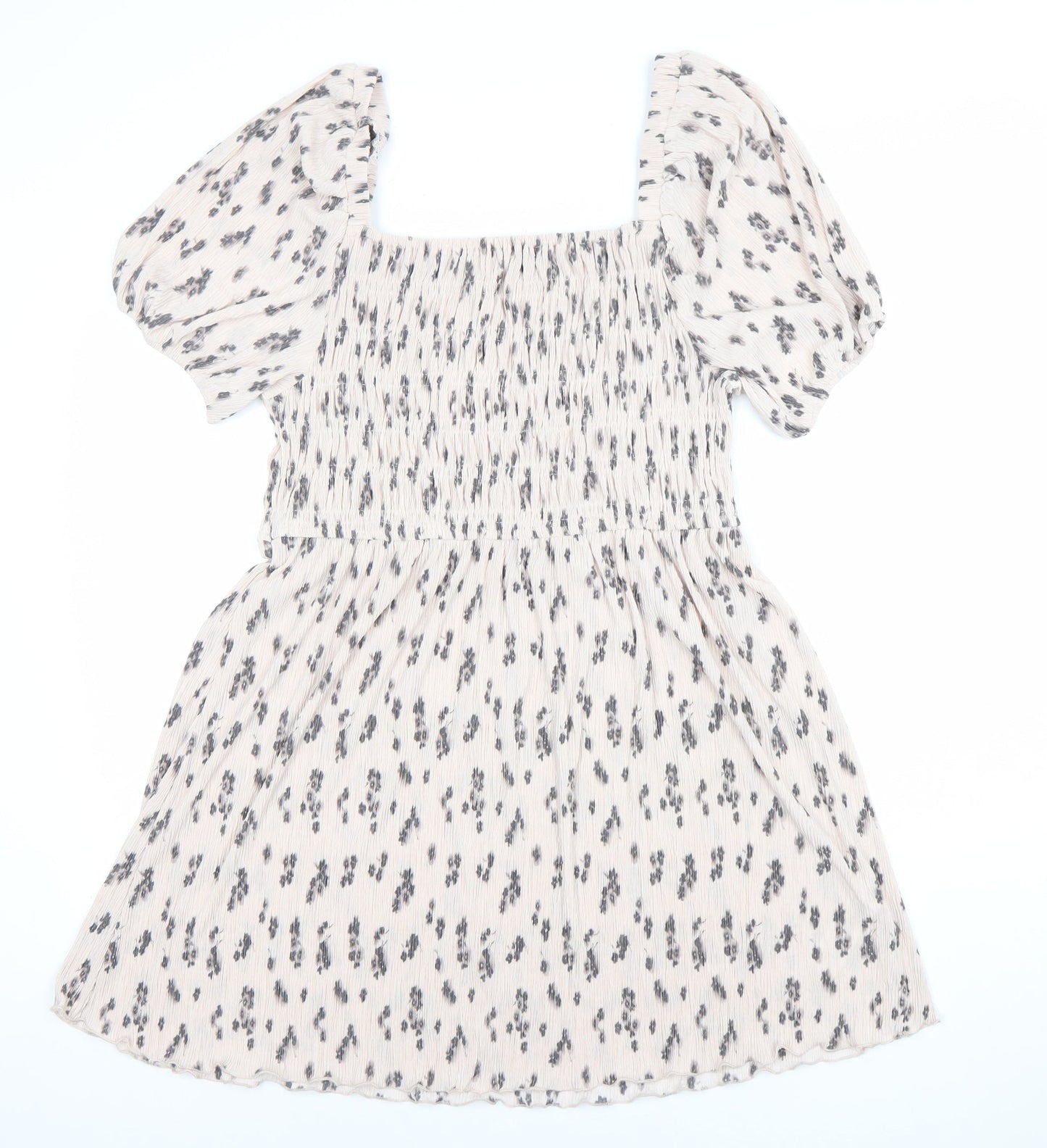 Primark Women Beige Animal Print Smocked Skater Dress L