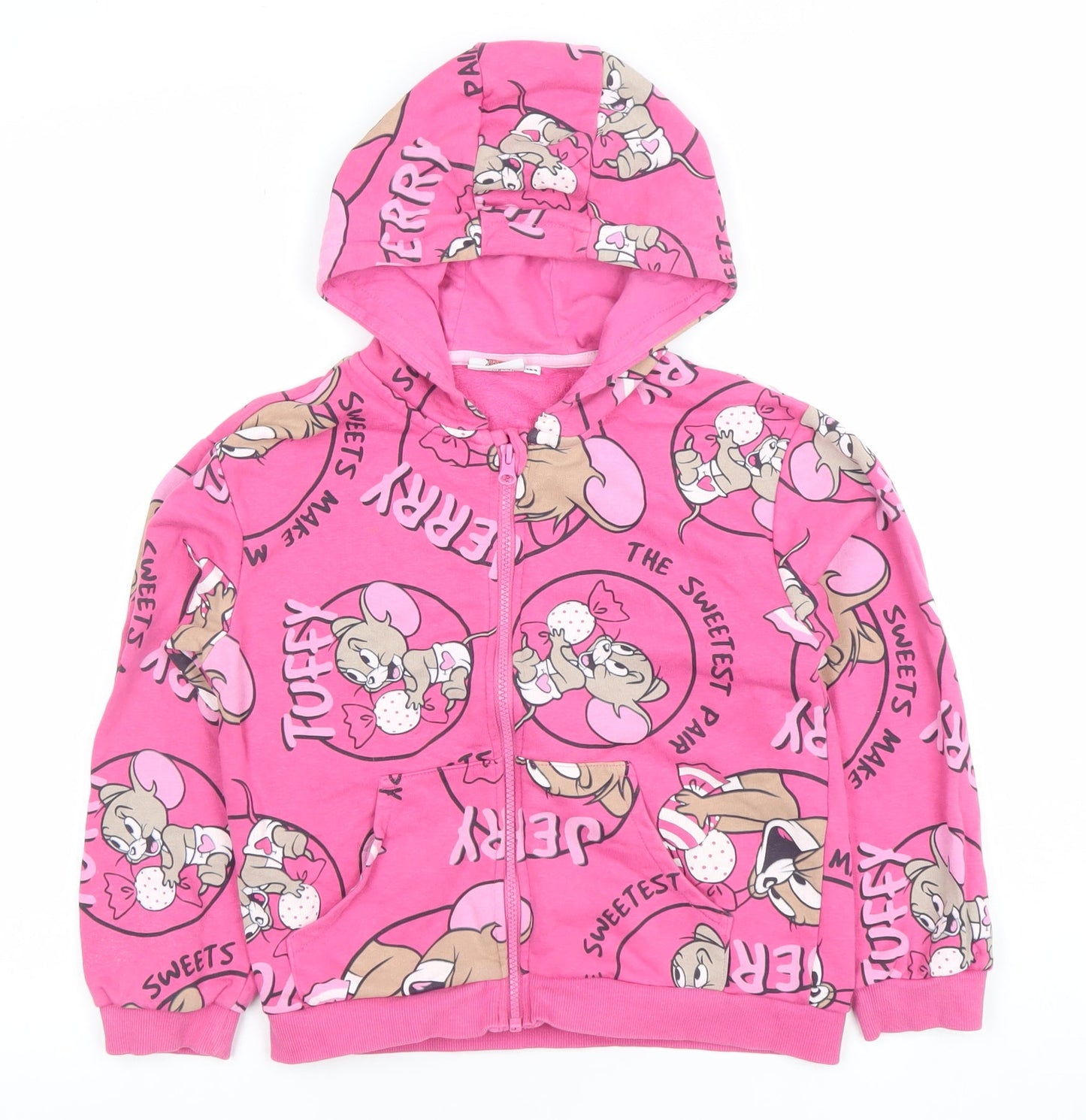 Girls UK Size 8 Years Tom and Jerry Pink Full Zip Hoodie