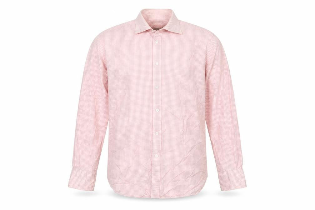 T.M. Lewin Men's Pink Check Cotton Long Sleeve Button-Up Shirt 15.5in Regular Fit