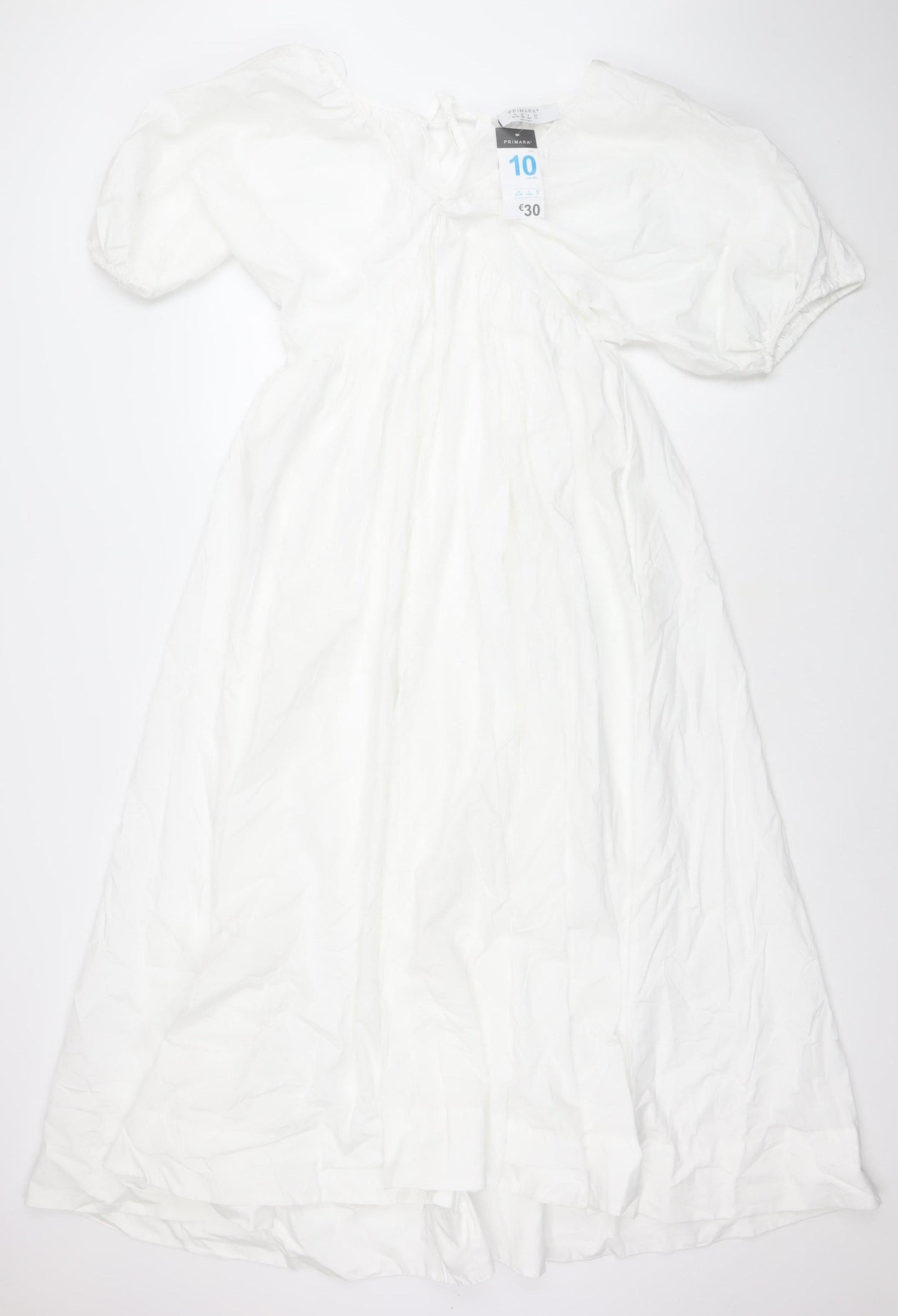 Primark Women White Cotton Puff Sleeve A-Line Midi Dress Size 10