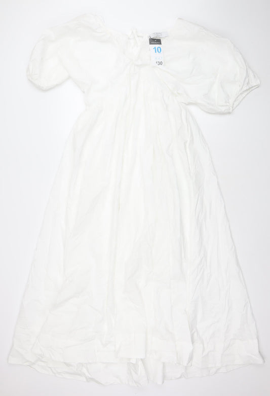 Primark Women White Cotton Puff Sleeve A-Line Midi Dress Size 10