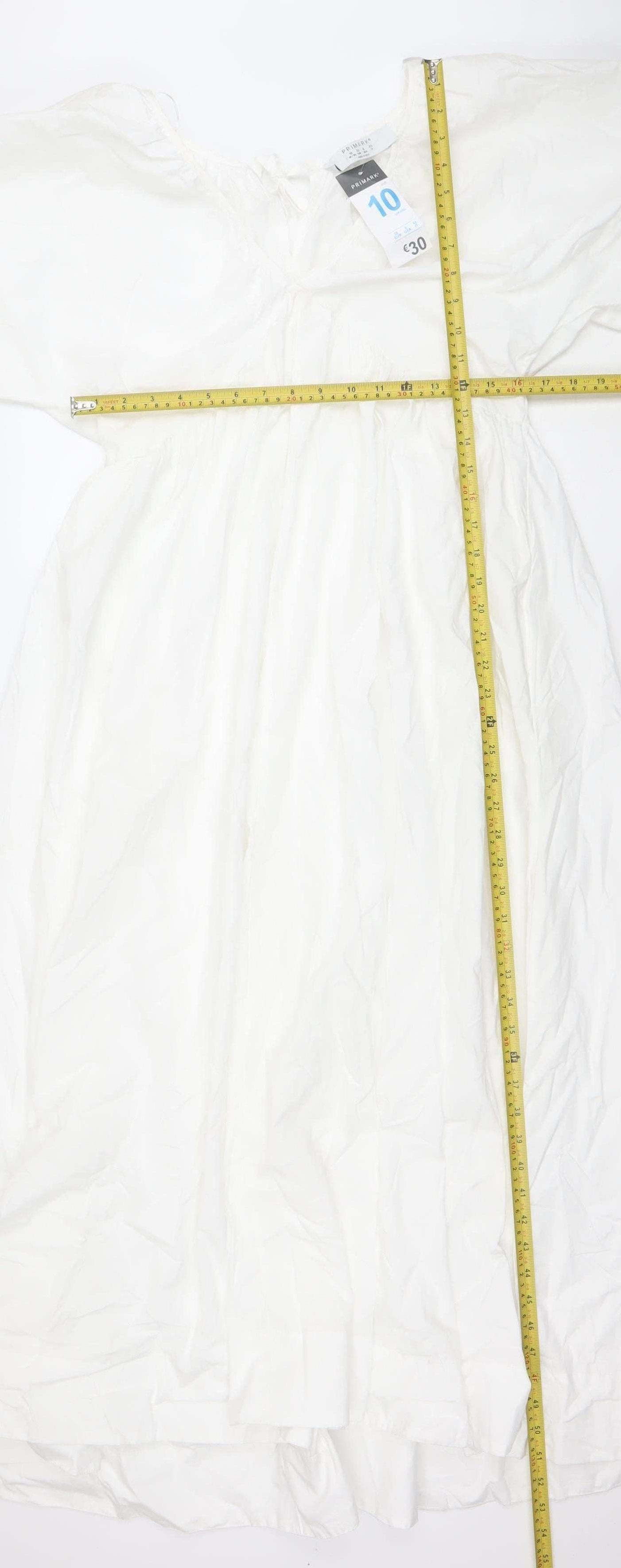 Primark Women White Cotton Puff Sleeve A-Line Midi Dress Size 10