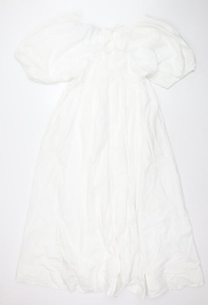 Primark Women White Cotton Puff Sleeve A-Line Midi Dress Size 10
