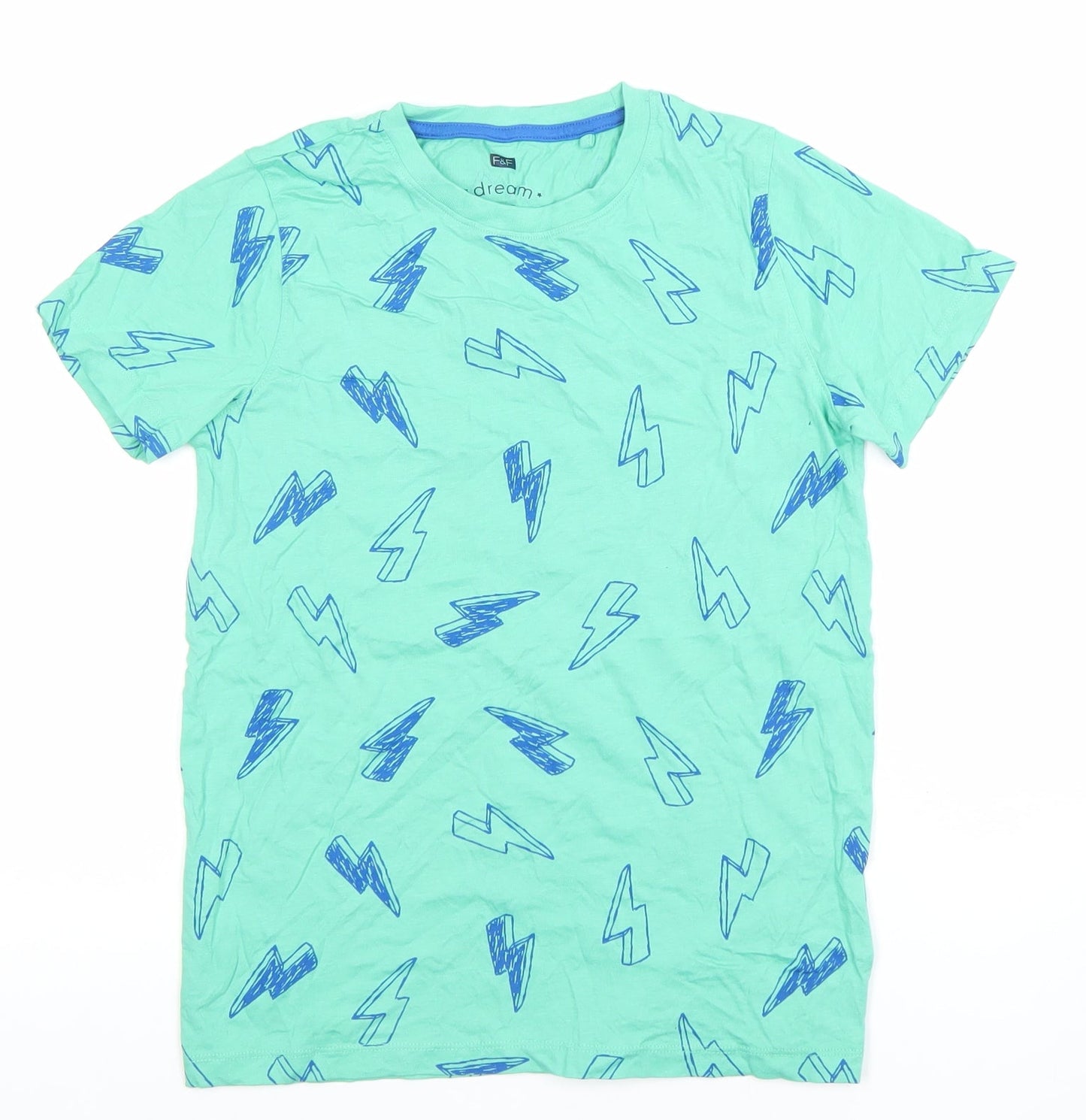 F&F Boys Green Lightning Print Short Sleeve Cotton Pyjama Top 10-11 Years