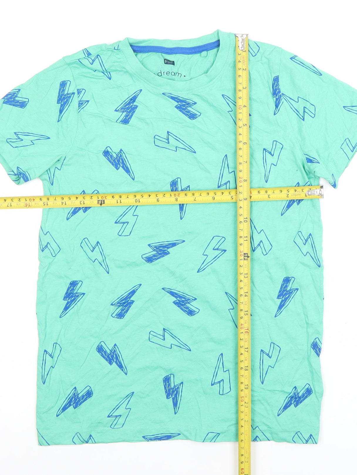 F&F Boys Green Lightning Print Short Sleeve Cotton Pyjama Top 10-11 Years