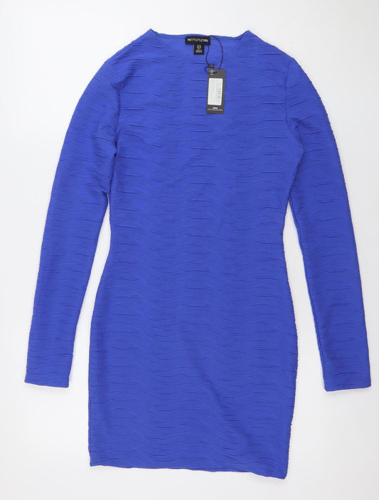 PrettyLittleThing Women’s Blue Bodycon Dress Size 10 Long Sleeve Party Style