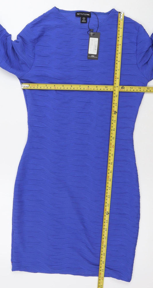 PrettyLittleThing Women’s Blue Bodycon Dress Size 10 Long Sleeve Party Style
