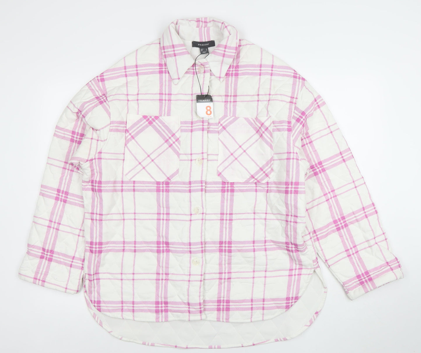 Primark Women Pink Check Quilted Long Sleeve Jacket Size 8