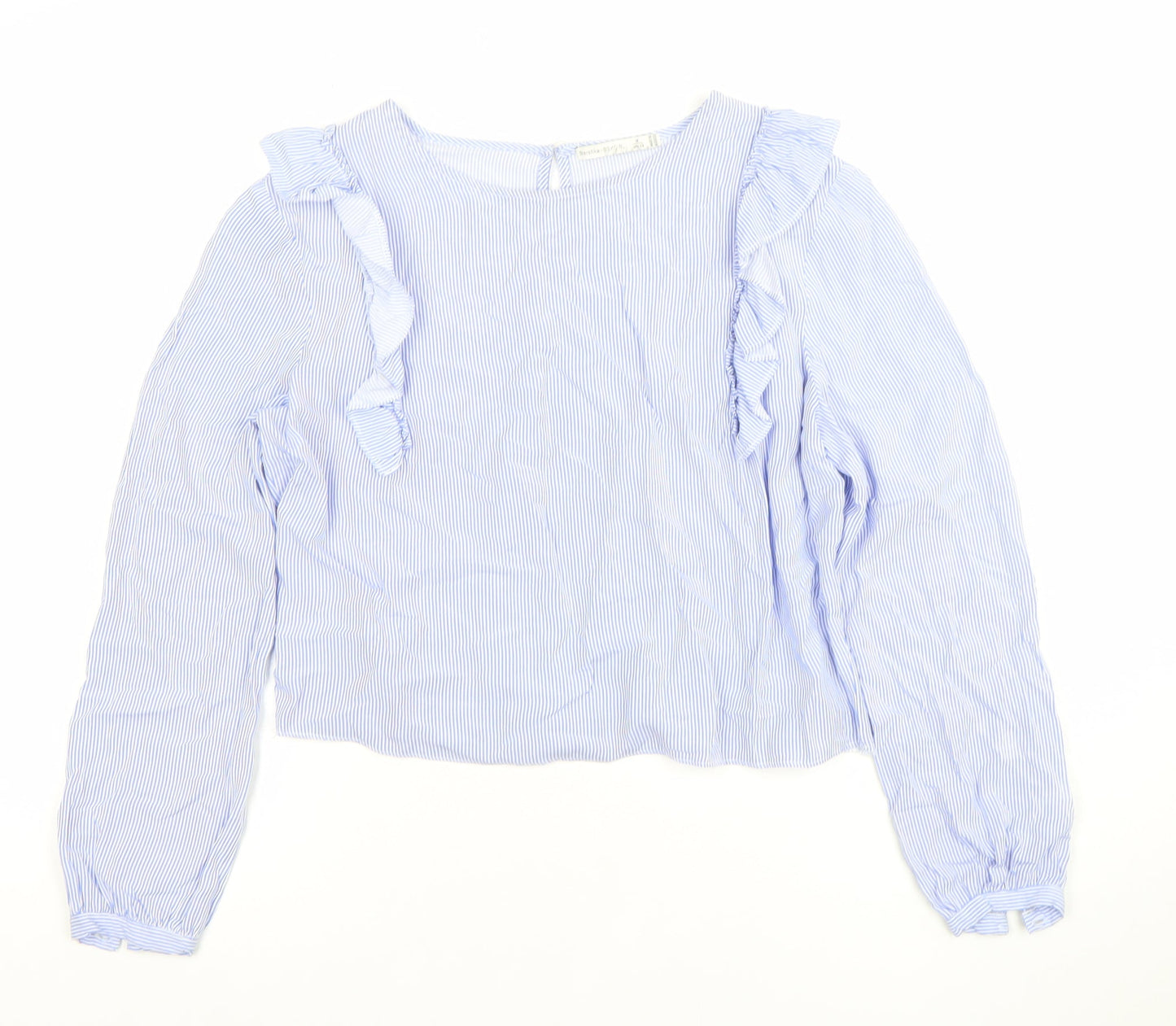 Bershka Womens Blue Striped Ruffle Blouse Size M