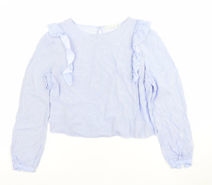 Bershka Womens Blue Striped Ruffle Blouse Size M