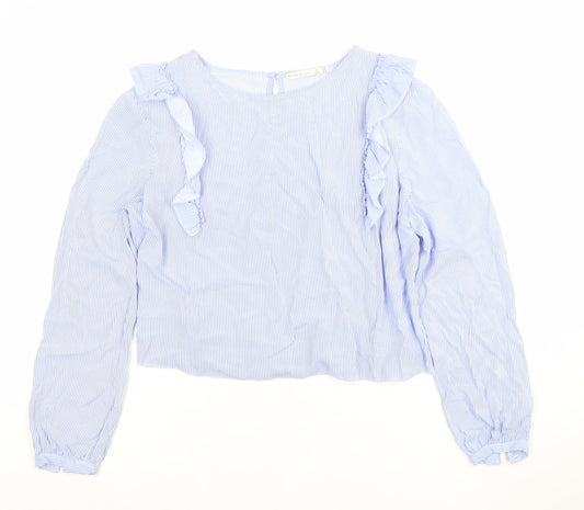 Bershka Womens Blue Striped Ruffle Blouse Size M