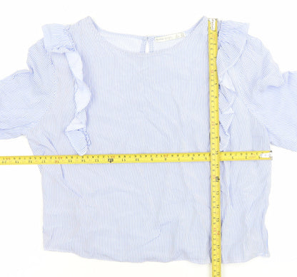 Bershka Womens Blue Striped Ruffle Blouse Size M