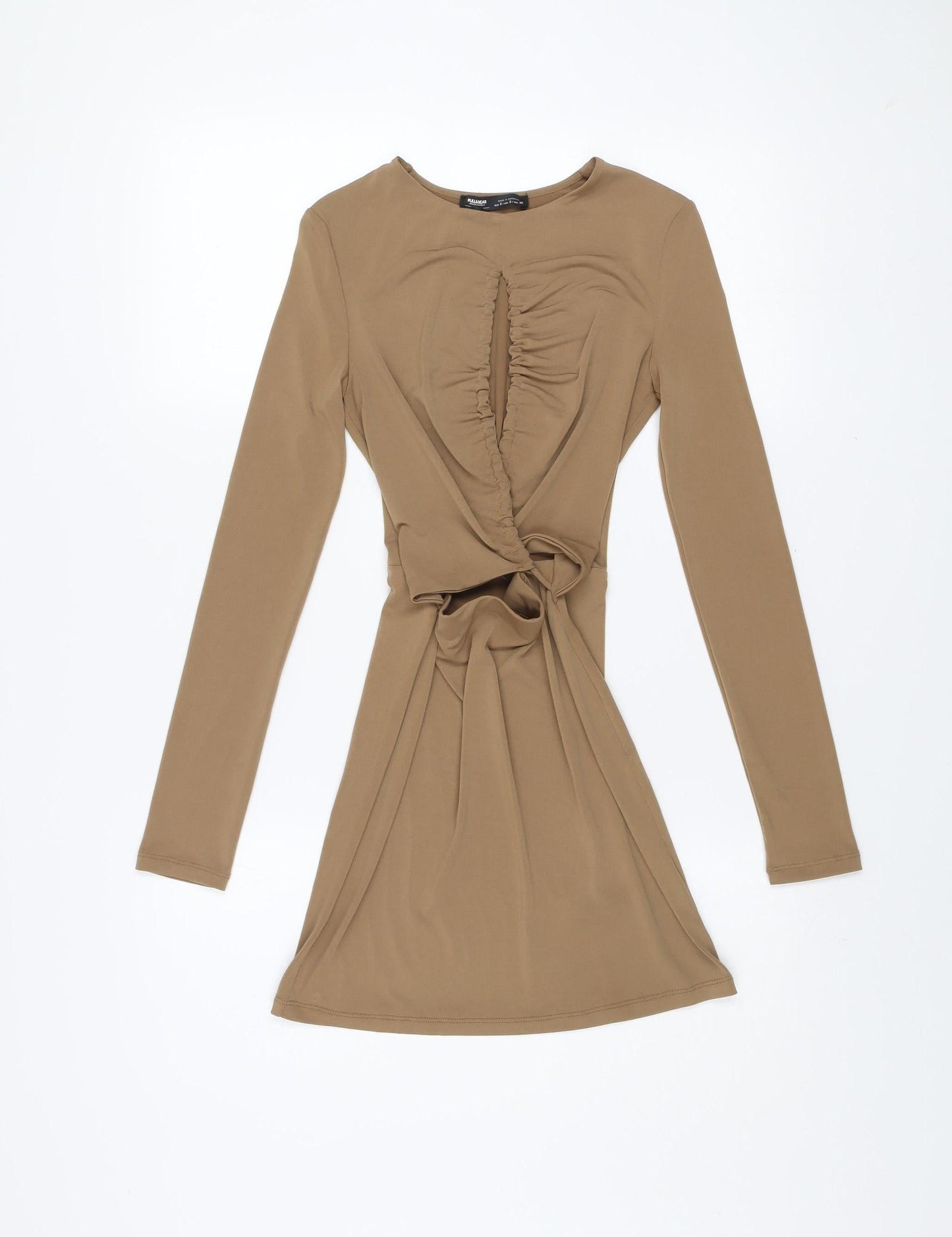 Pull & Bear Women Beige Ruched Bodycon Short Dress Size 8 Long Sleeve