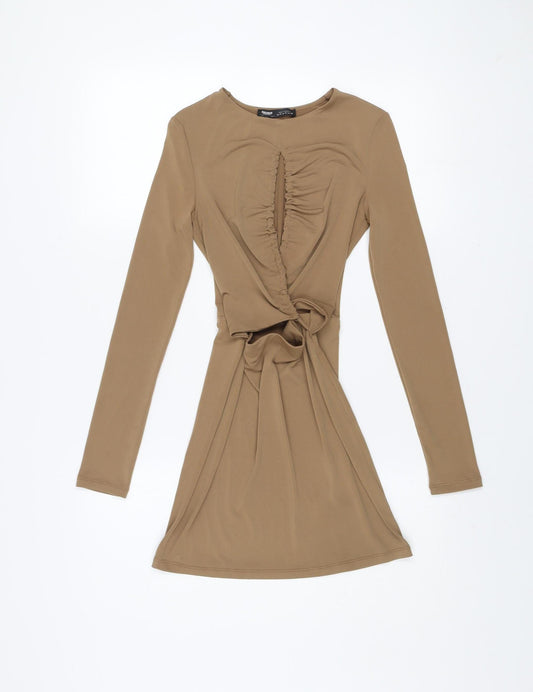 Pull & Bear Women Beige Ruched Bodycon Short Dress Size 8 Long Sleeve