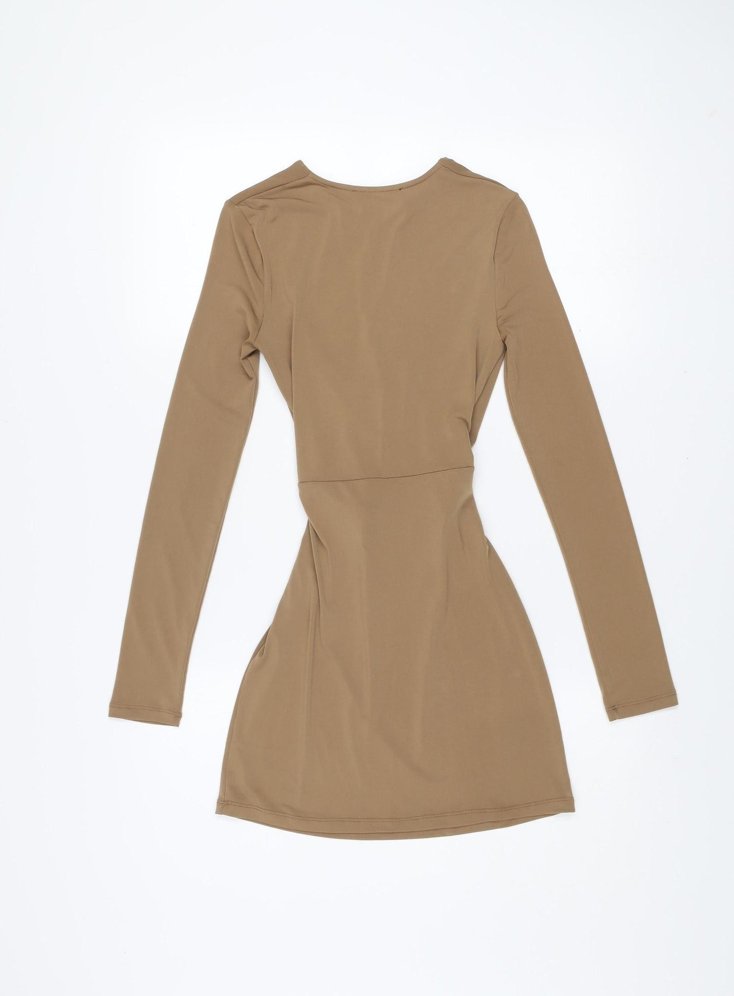 Pull & Bear Women Beige Ruched Bodycon Short Dress Size 8 Long Sleeve