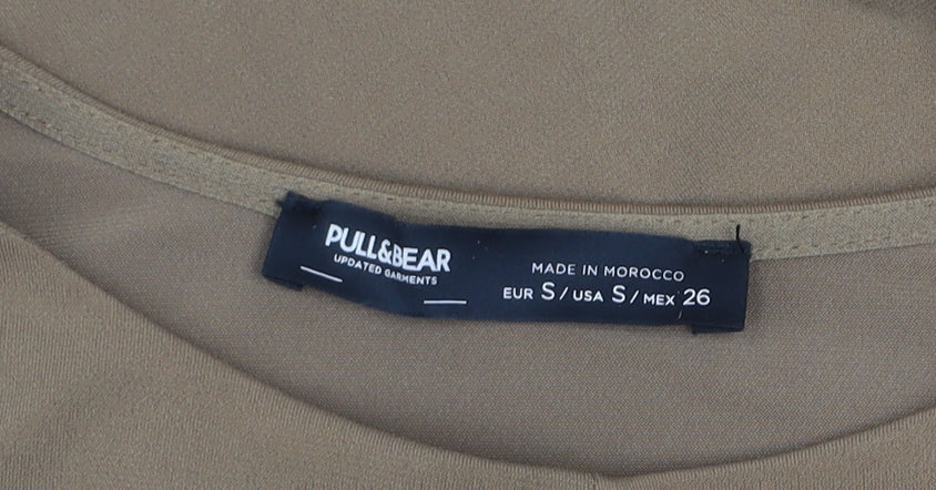 Pull & Bear Women Beige Ruched Bodycon Short Dress Size 8 Long Sleeve