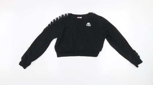 Kappa Womens Black Cropped Crew Neck Sweatshirt Small Logo Tape Sleeves