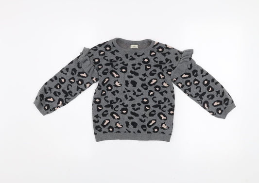 F&F Girls Grey Leopard Print Ruffle Jumper 6-7 Years Cotton Blend