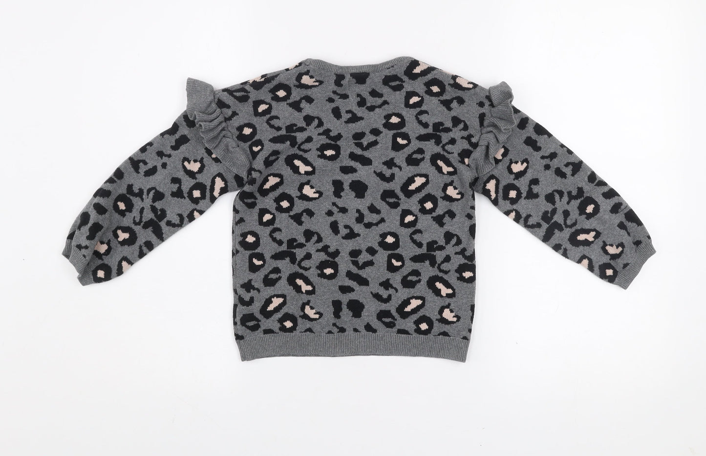 F&F Girls Grey Leopard Print Ruffle Jumper 6-7 Years Cotton Blend