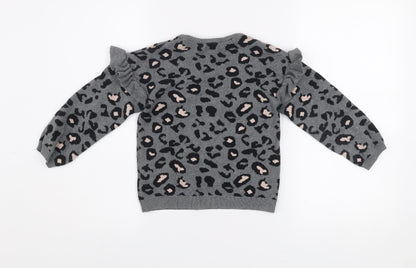 F&F Girls Grey Leopard Print Ruffle Jumper 6-7 Years Cotton Blend