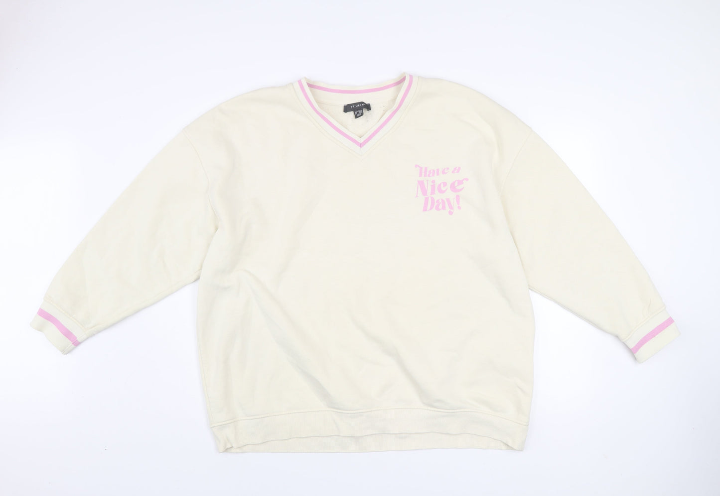 Primark Women Beige 'Have a Nice Day' V-Neck Sweatshirt Size L 14/16