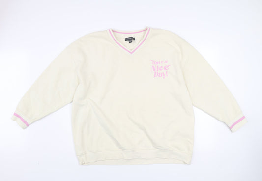 Primark Women Beige 'Have a Nice Day' V-Neck Sweatshirt Size L 14/16