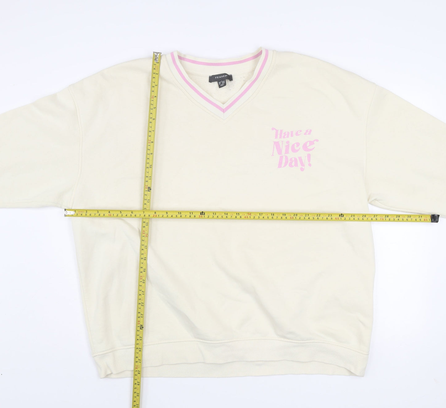 Primark Women Beige 'Have a Nice Day' V-Neck Sweatshirt Size L 14/16