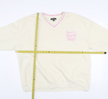 Primark Women Beige 'Have a Nice Day' V-Neck Sweatshirt Size L 14/16