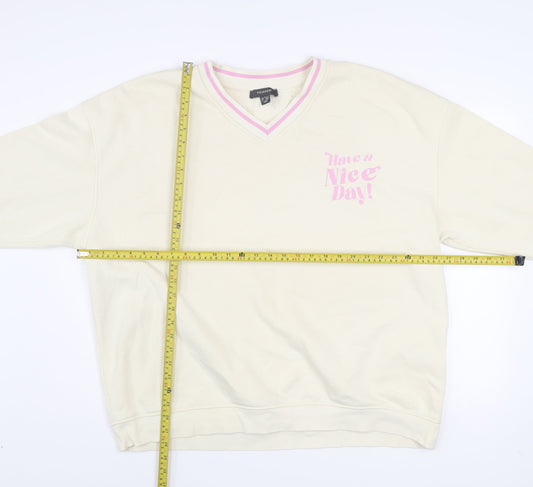 Primark Women Beige 'Have a Nice Day' V-Neck Sweatshirt Size L 14/16