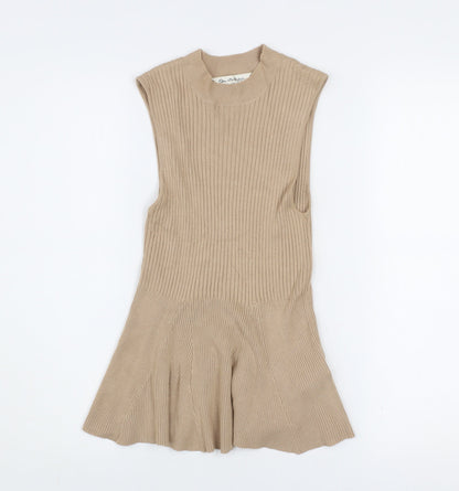 Miss Selfridge Womens Beige Ribbed Sleeveless Tunic Top UK 10