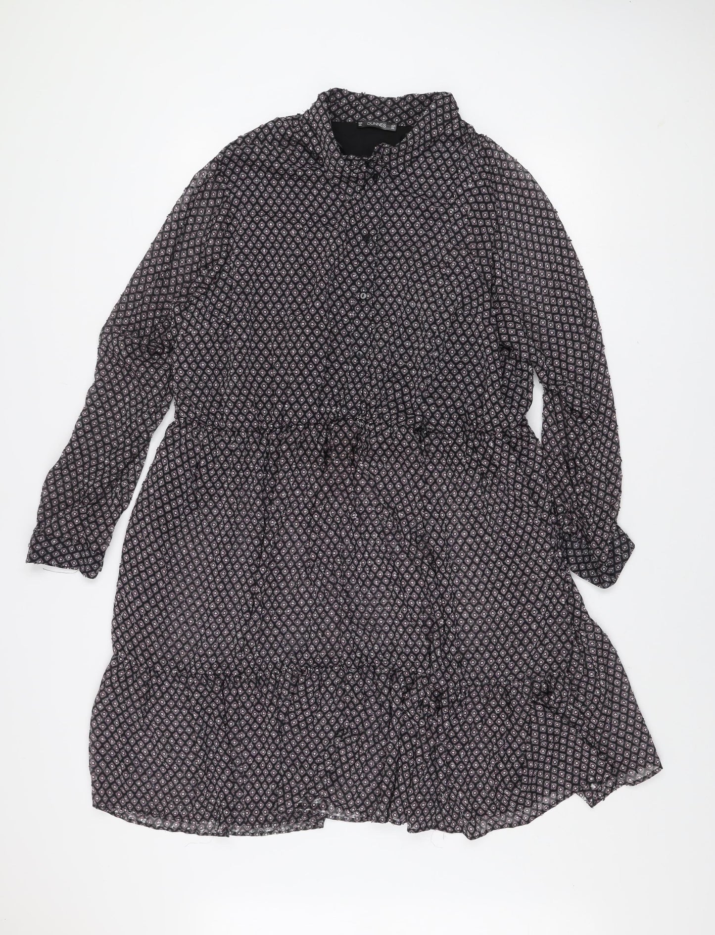 Dunnes Women Black Geometric Shift Dress 2XL Knee Length Long Sleeve