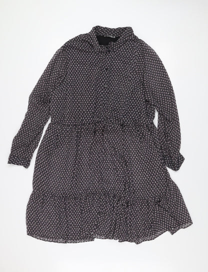 Dunnes Women Black Geometric Shift Dress 2XL Knee Length Long Sleeve